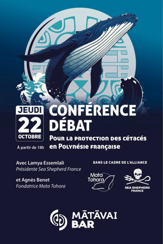 Affiche de la conférence-débat pour la protection des cétacés en Polynésie française, le 22 octobre à partir de 18 h.
