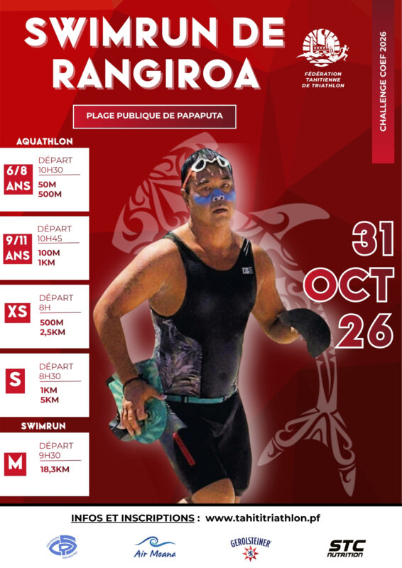 Affiche Swimrun de Rangiroa du 31 octobre 2026 à la plage publique de Papaputa, horaires des cinq formats